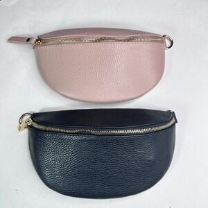 Lot of 2 Italian Leather Belt Bags Borse Pelle Black & Blush Pebbled Zip Pouches